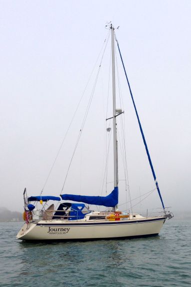 The next day was foooooooogy!  Here’s Journey on her mooring as we went to town to meet some friends!