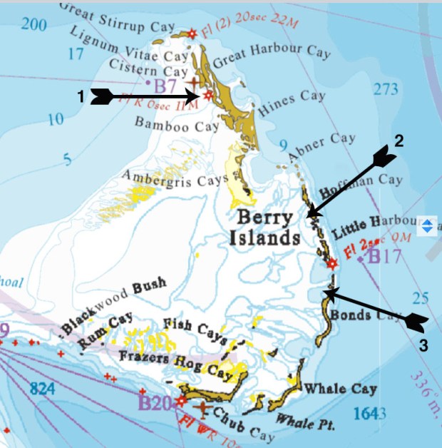 1 - Bullocks Harbor, Great Harbor Cay 2 - west of White Cay 3 - west of Alders Cay