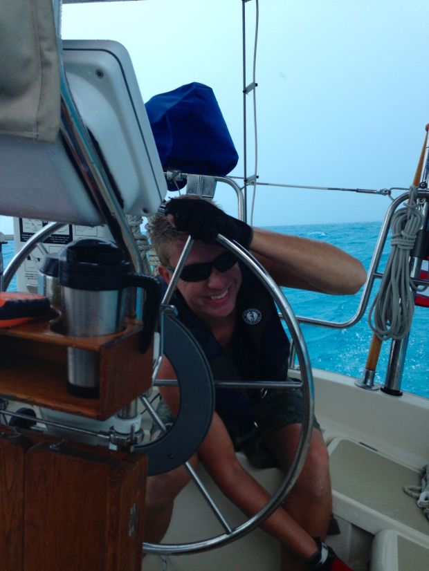 Jake, turning on the motor so we could freaking tack! Did you notice that he's dripping wet?