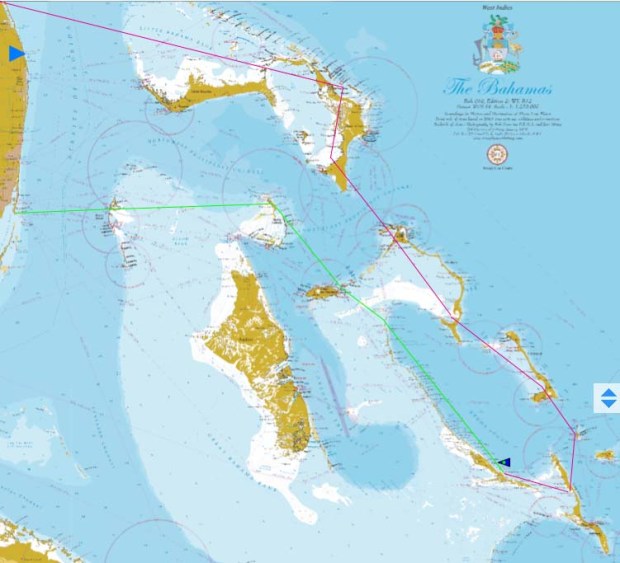 The green line is the route we took to get here, the red one is the one we would like to take home.  (Not exactly, I know the lines cross over land :)