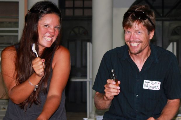 Don't ask, I don't know what's going on here, but notice Scott's birthday sticker!  Does it look familiar!?  It only took a few homemade drinks to convince him to wear it ;)