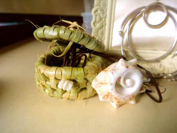 The beautiful necklace Kim made for me. She also made that little basket that the shell fits in perfectly. Remember that basket weaving class from George Town? Yeah, Kim paid attention :)