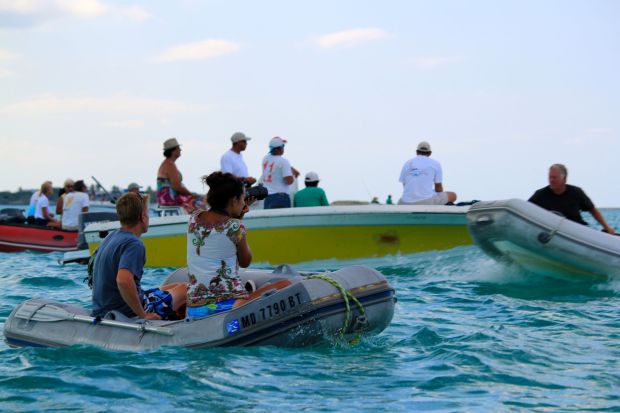 Here's us in the dink, chasing the big boats around.