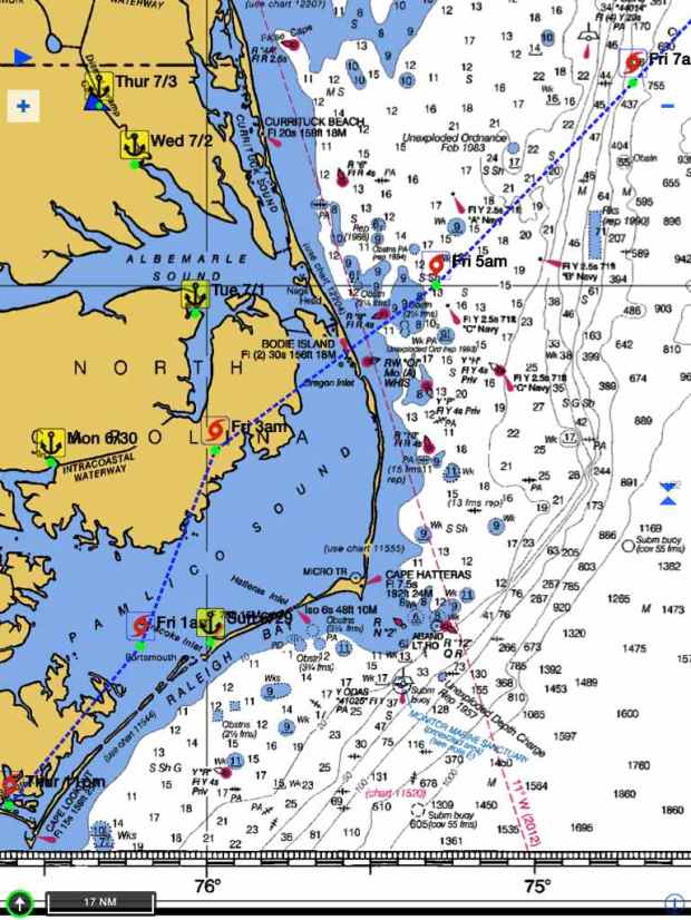 JR tracked the actual path of Arthur here as the dotty blue line.  The 4 anchors represent where we stopped since Monday.  A little too close for comfort!